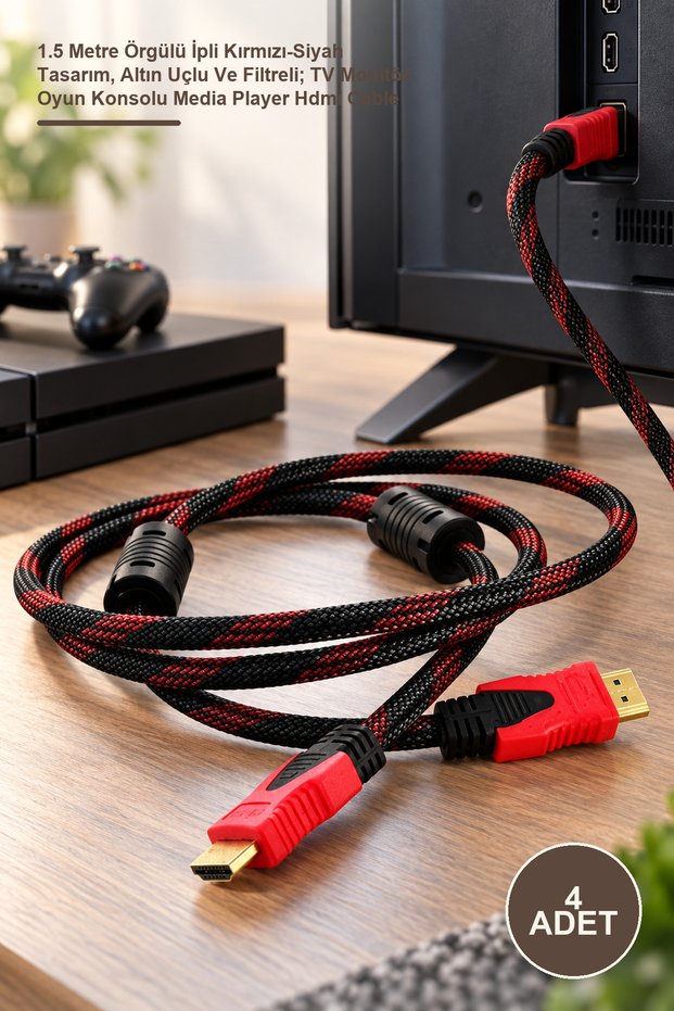 4 HDMI Cables – 1.5 Meter Braided Cord Red-Black Design, Gold Tips and Filtered; Tv Monitor Game Console Media Player HDMI Cable