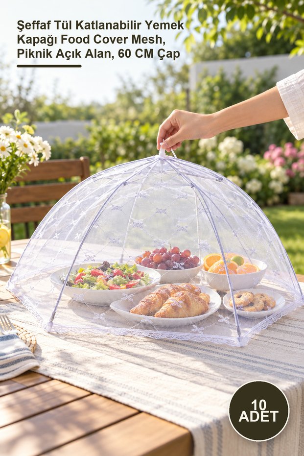 10 Pieces of Food Protection Umbrellas – Transparent Tulle Foldable Food Cover, Food Cover Mesh, for Picnics and Outdoor Use, 60 cm Diameter