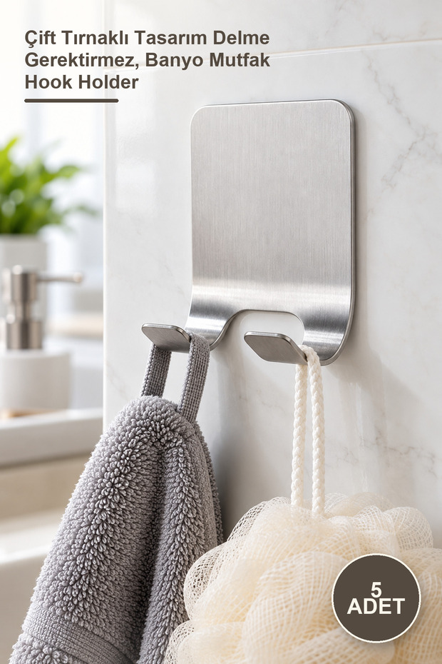 5 Pieces Multi-Purpose Self-Adhesive Stainless Steel Hanger – Double Prong Design No Drilling Required, Bathroom Kitchen Hook Holder