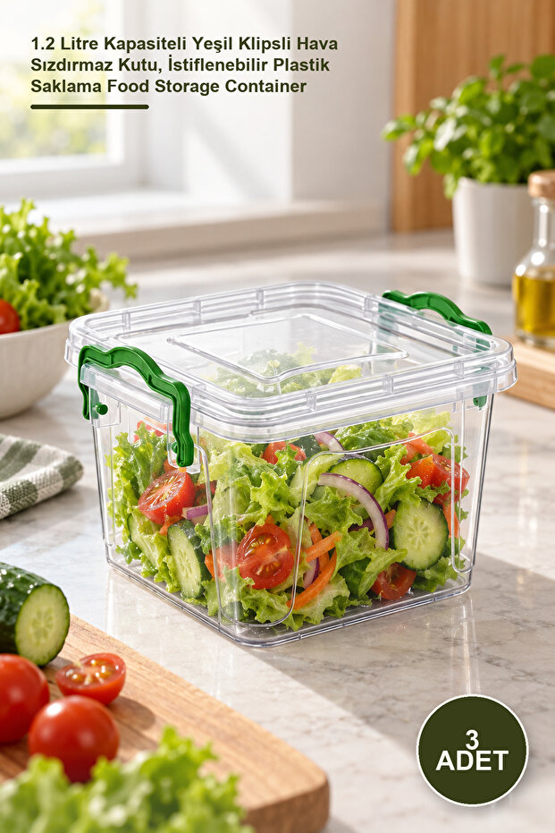 3 Pieces Square Storage Box – 1.2 Liter Capacity Green Clip-On Airtight Box, Stackable Plastic Storage Food Storage Container