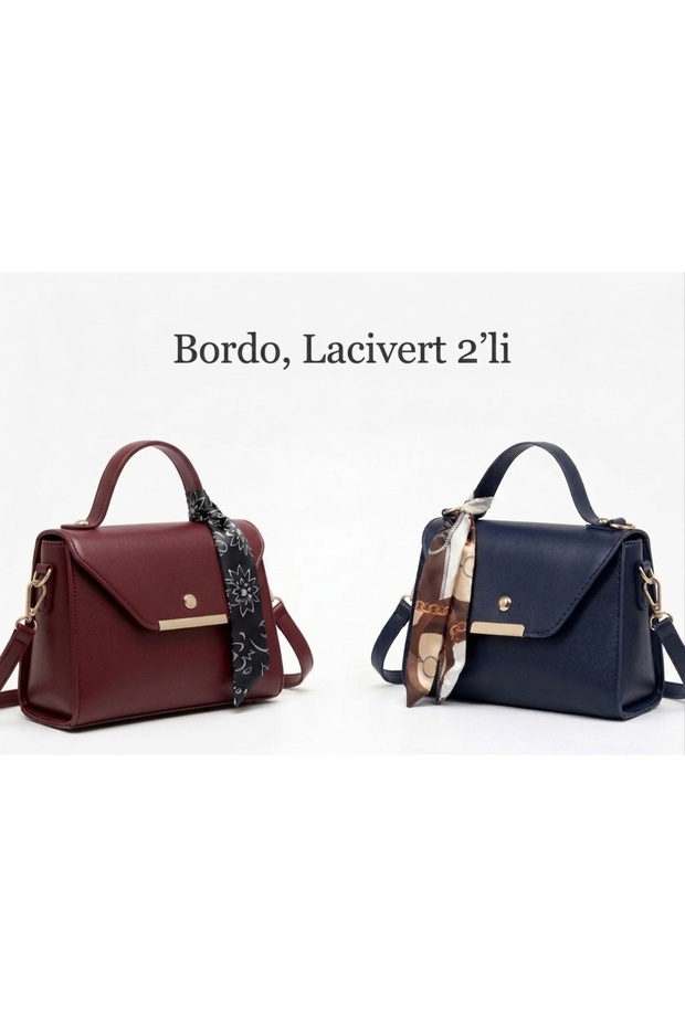 Burgundy, Navy Blue 2-Pack Faux Leather Hand and Shoulder Bag with Scarf Detail