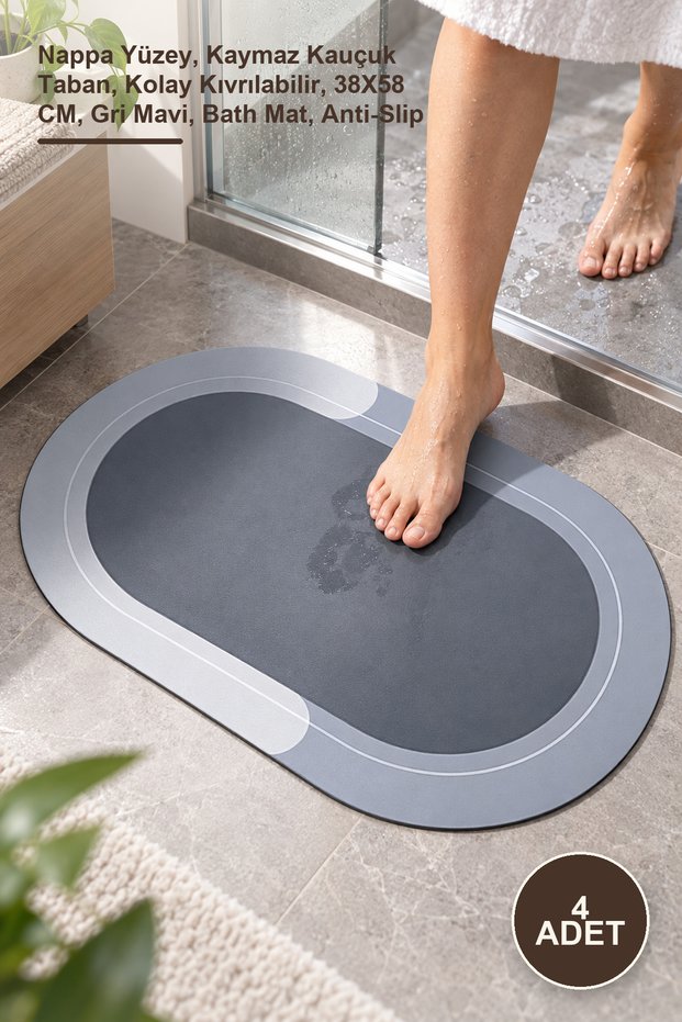 4 Pieces Oval Super Absorbent Bath Mat – Nappa Surface, Non-Slip Rubber Base, Easy to Roll Up, 38X58 Cm, Gray Blue, Bath Mat, Anti-Slip