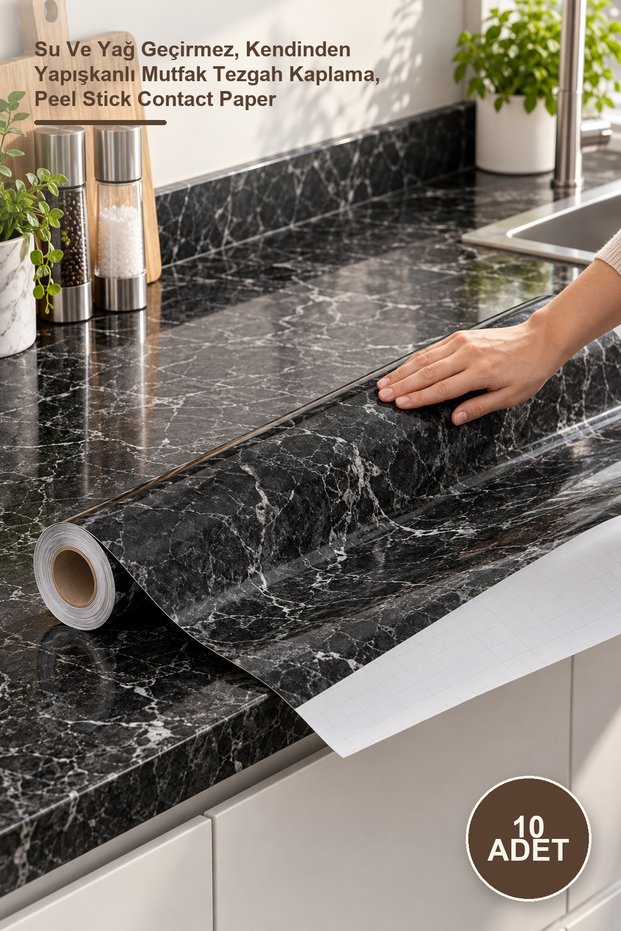 10 Pieces of Black Marble Patterned Adhesive Coating Paper – Water and Oil Resistant, Self-Adhesive Kitchen Countertop Covering, Peel Stick Contact Paper