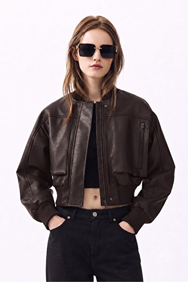 Oversize Bomber Zippered Double-Pocket Ribbed Light Brown Leather Jacket