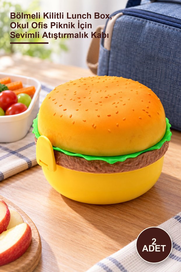 2 Pieces Hamburger Design Lunch Box – Divided Lockable Lunch Box, Cute Snack Container for School Office Picnic