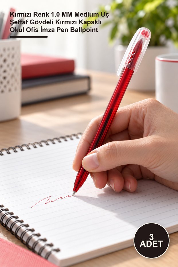 3 Pieces Ballpoint Pen - Red Color 1.0 mm Medium Tip Transparent Body Red Cap School Office Signature Pen Ballpoint