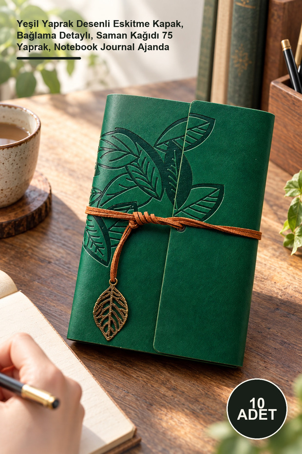 10 Leather Notebooks – Green Leaf Patterned Vintage Cover, Binding Detail, Straw Paper 75 Sheets, Notebook Journal Agenda