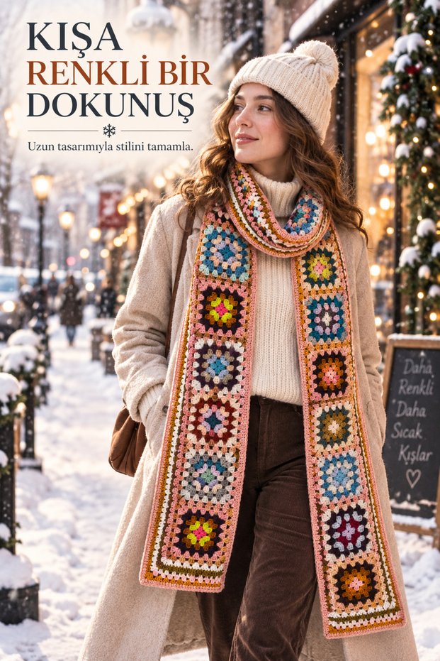 Women's Knitted Scarf Multi-Colored Granny Square Patterned Cotton Yarn Hand Knitted Scarf 250X16 cm