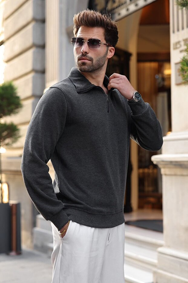 Anthracite Stand Collar Half Zipper Men's Sweatshirt E7211