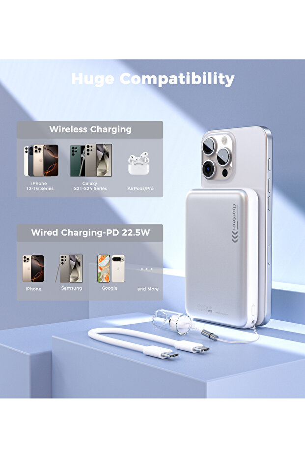 Ultra-Thin Magnetic Wireless Power Bank 10000mAh, MagSafe-Compatible Charger for iPhone, White B862
