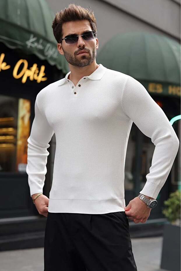 White Snap Closure Polo Collar Men's Knitwear Sweater E7514