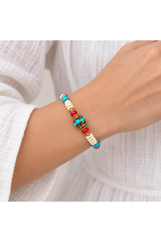 Turquoise Red Beaded Gold Detailed Ethnic Design Stylish Women's Bracelet