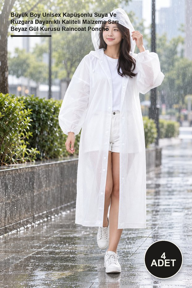 4 Pieces Thick Raincoat – Large Size Unisex Hooded Waterproof and Windproof Quality Material Yellow White Dried Rose Raincoat Poncho