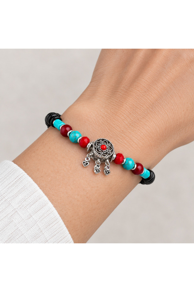 Black Red Turquoise Beaded Dangle Heart Detailed Stylish Women's Bracelet