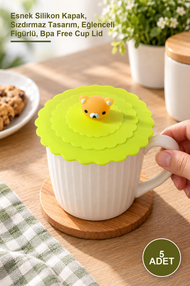5 Pieces of Silicone Cup Lid – Flexible Silicone Lid, Leak-Proof Design, Fun Shapes, Bpa Free Cup Lid