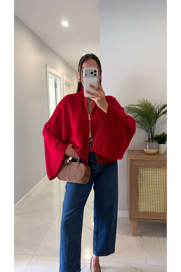 Zr Yellis Red Zippered Cardigan