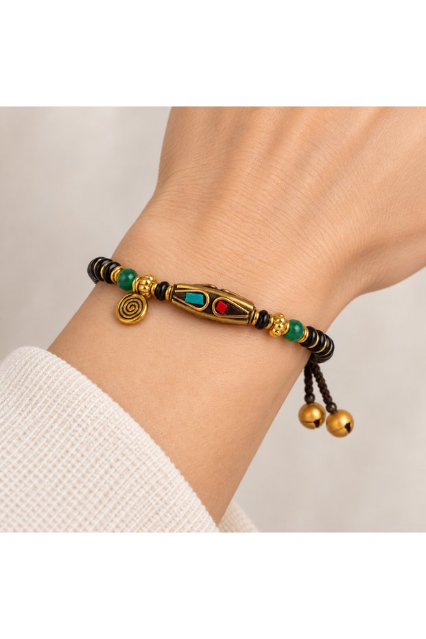 Black Beaded Gold Detailed Green and Red Figured Stylish Design Bracelet