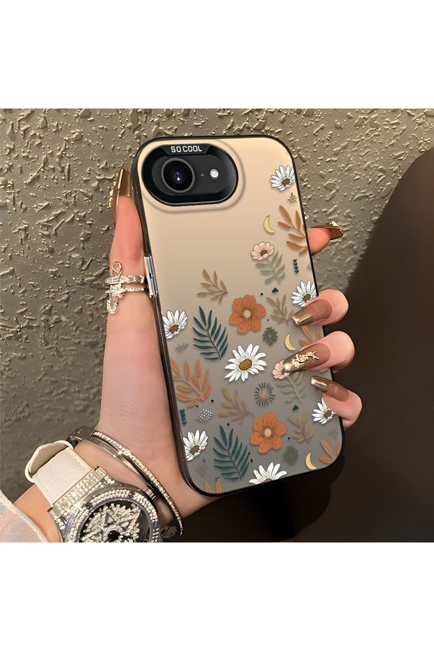 iPhone 16E Compatible Retro Daisy Moon and Leaf Pattern, Hard Case, Full Protection