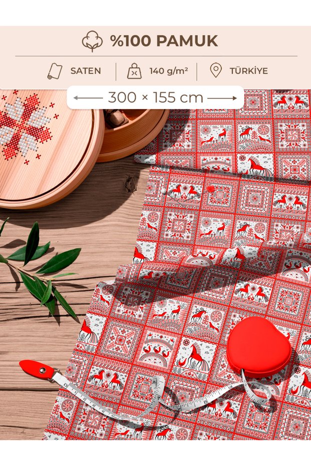 100% Cotton Satin Patchwork Fabric – 300X155 cm – Traditional Horse Motif, Red and White Tones