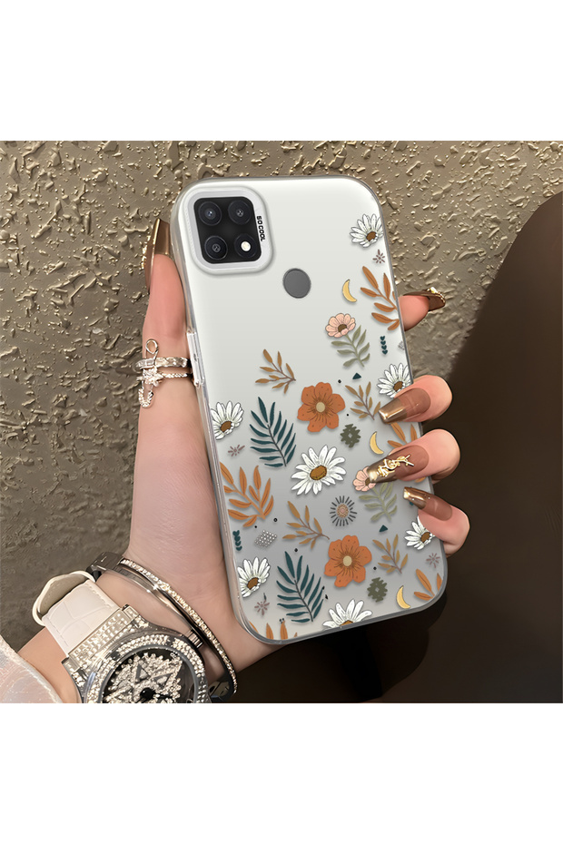 Oppo A15/A15S Compatible Retro Daisy Moon and Leaf Pattern, Rigid Case, Full Protection