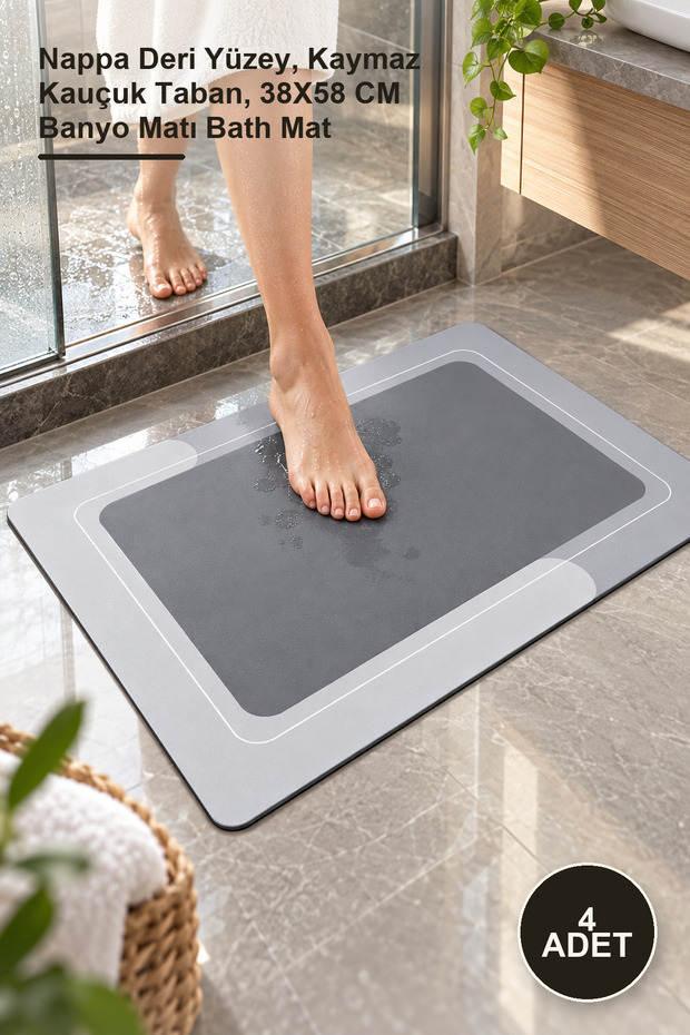 4 Pieces Rectangular Super Absorbent Bath Mat – Nappa Leather Surface, Non-Slip Rubber Base, 38X58 cm Bath Mat Bath Mat