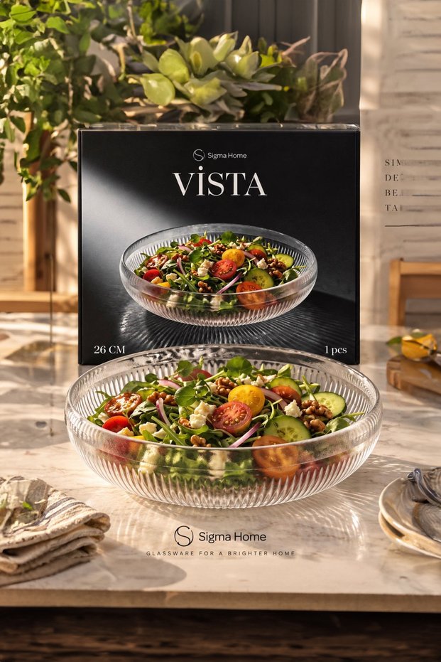 Vista - 26 cm Transparent Glass Salad Bowl – Patterned Large Serving, Presentation, and Fruit Bowl