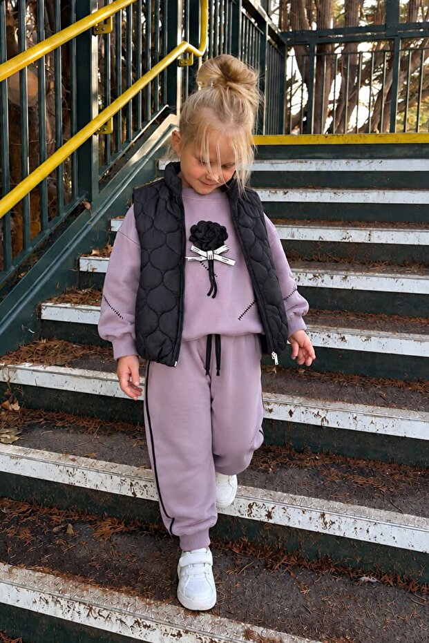 Girl's 3-Piece Tracksuit Set with Floral Appliqué and Inflatable Vest - Lilac