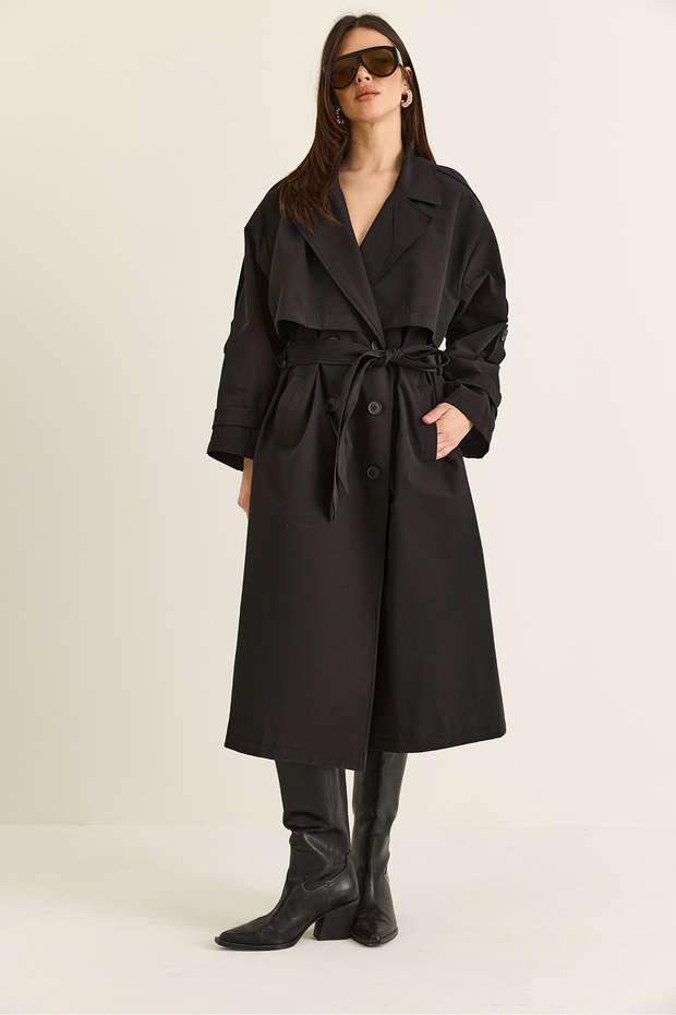 Women's Black Windbreaker Detailed Epaulet Belted Oversize Lined Trench Coat 2020 60286525