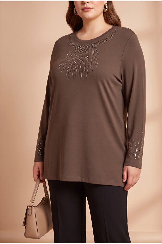 Stone Embellished Plus Size Knitted Knitwear Brown