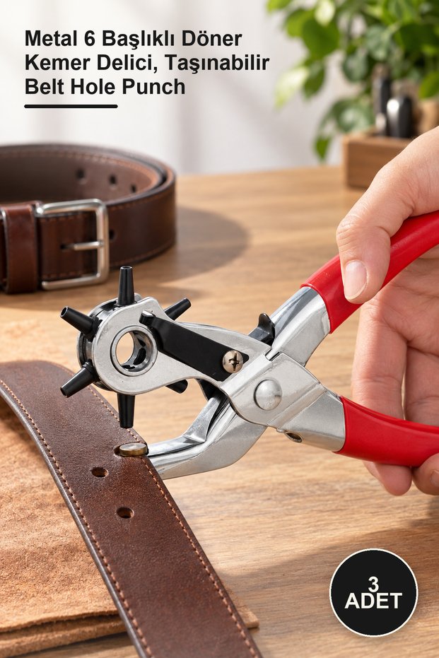3 Pieces Belt Hole Punch Pliers – Metal 6-Head Rotating Belt Punch, Portable Belt Hole Punch