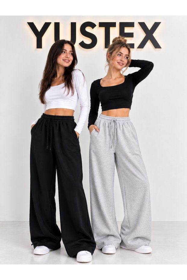 2 Pieces (Black and Gray) Sweatpants Set - Oversized Fit with Side Pockets, Wide Legs with Tie-Up Laces