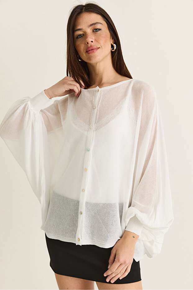 Women's Ecru Button-Closed Oversize Mercerized Knitwear Cape Blouse 2869 60286538