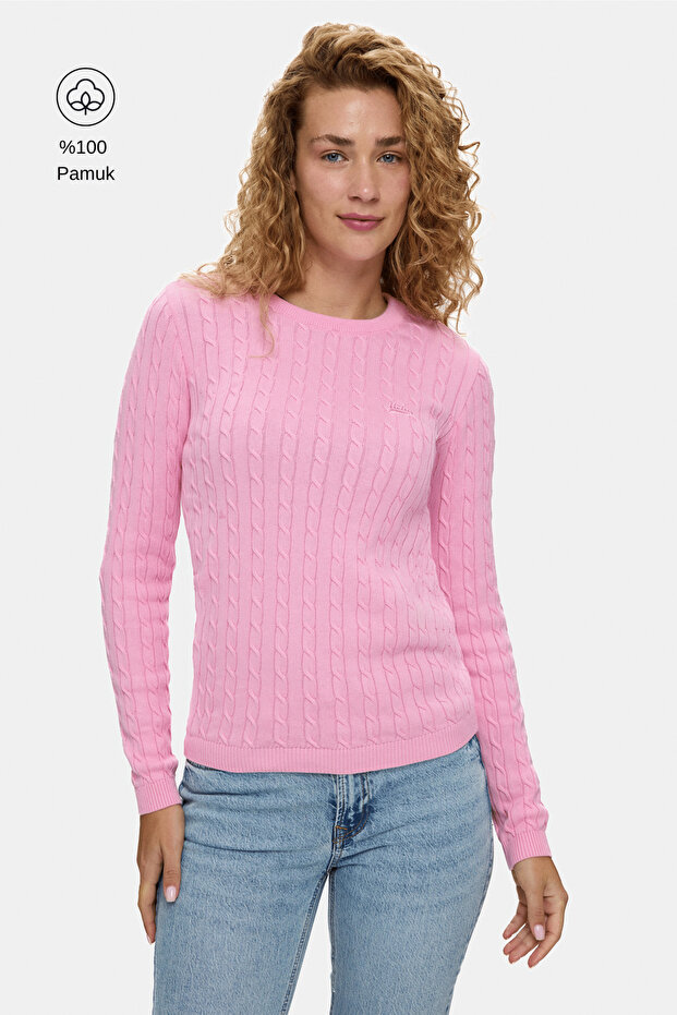 Shanu pink crew neck 100% cotton embroidered standard fit women's knitwear