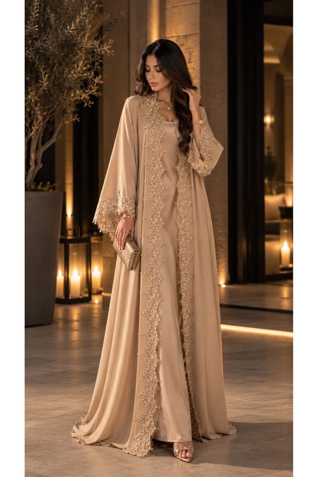 Beige Dantelle Lace Abaya