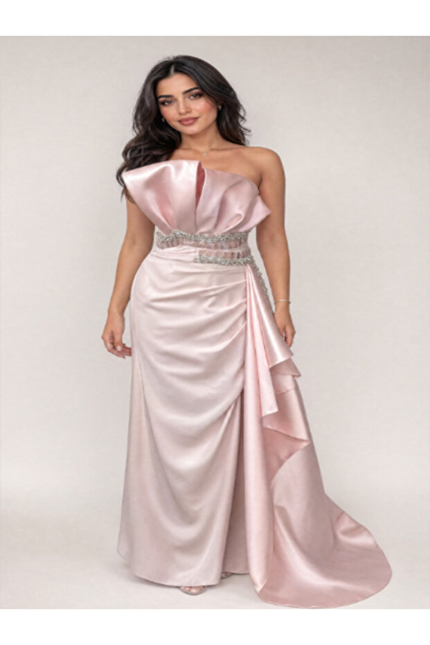 Dust Rose Color Evening Gown with Hand Embroidery and Side Train