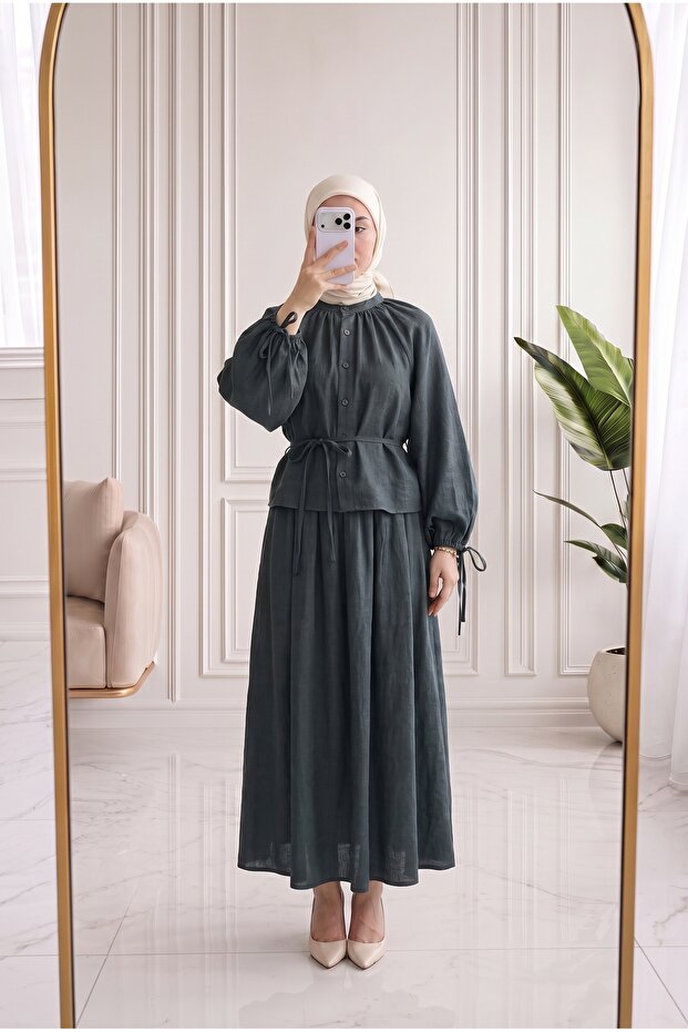 Yağmurnur Gathered Collar Lace-Up Skirt Suit-Ek625 Anthracite