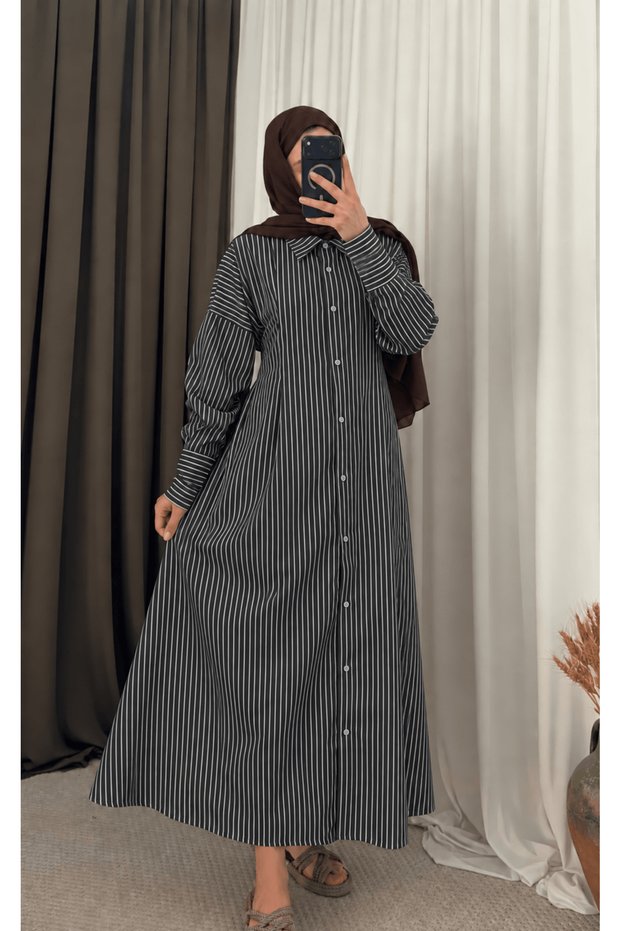Striped Dress with Pencil Detail on the Front - Anthracite