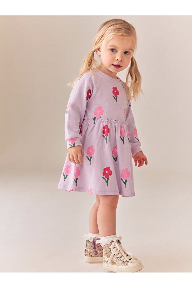 Girl's Floral Printed Combed Cotton Long Sleeve Dress Lilac