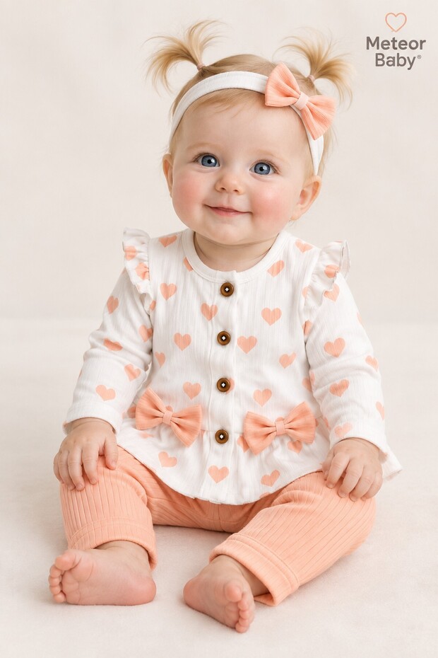 Baby Girl Set with Heart Patterned Bow and Headband, 3-Piece Top and Bottom Set for 3, 6, 9, 12 Months