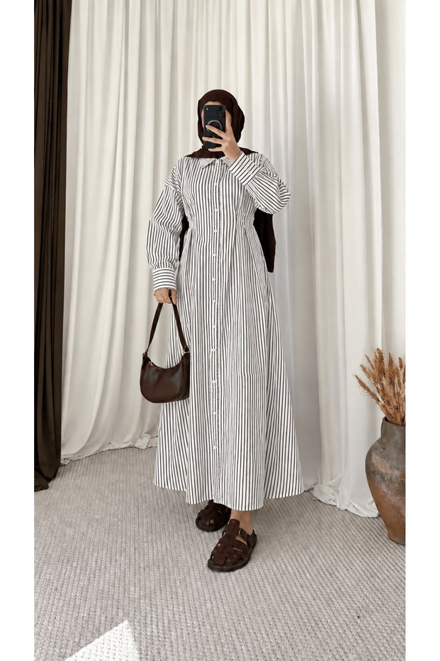 Striped Dress with Pencil Detail on the Front - White & Black