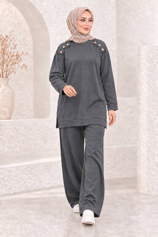 Women's Shoulder Copper Button Detailed Crew Neck Oysho Fabric Wide Leg Tunic Trousers Hijab Double Set