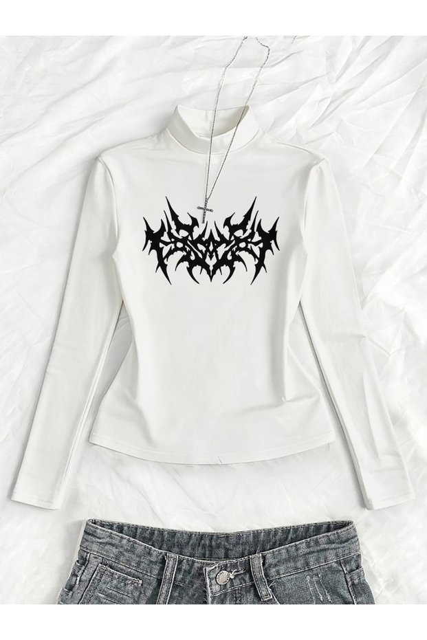 Long Sleeve Gothic Graphic Printed Turtleneck Blouse Body