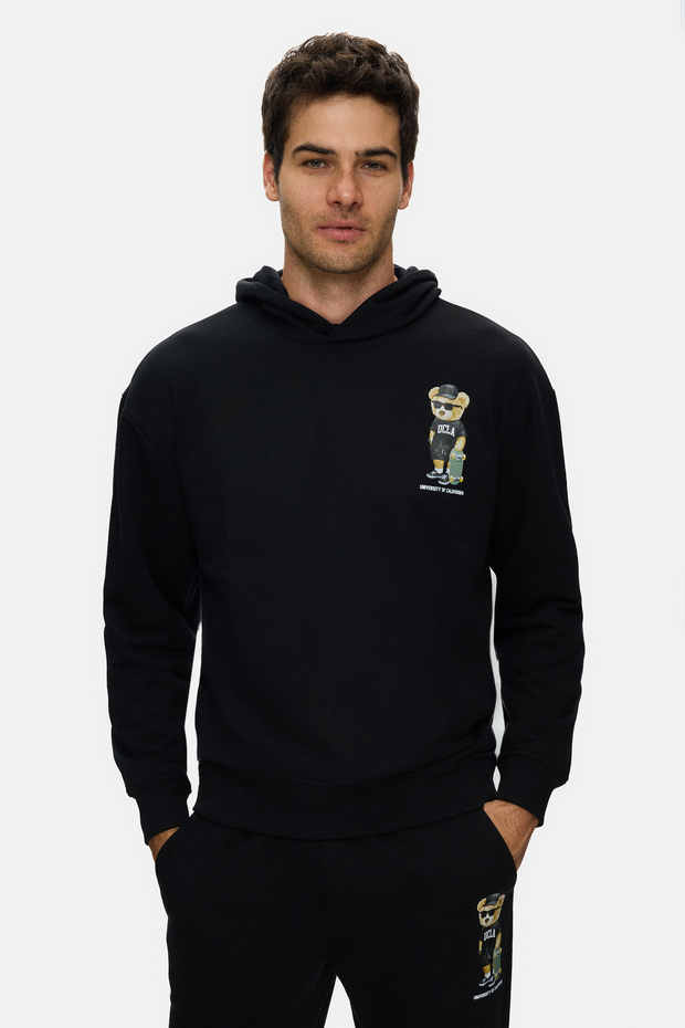 Savio black hooded cotton printed loose fit men's sweatshirt