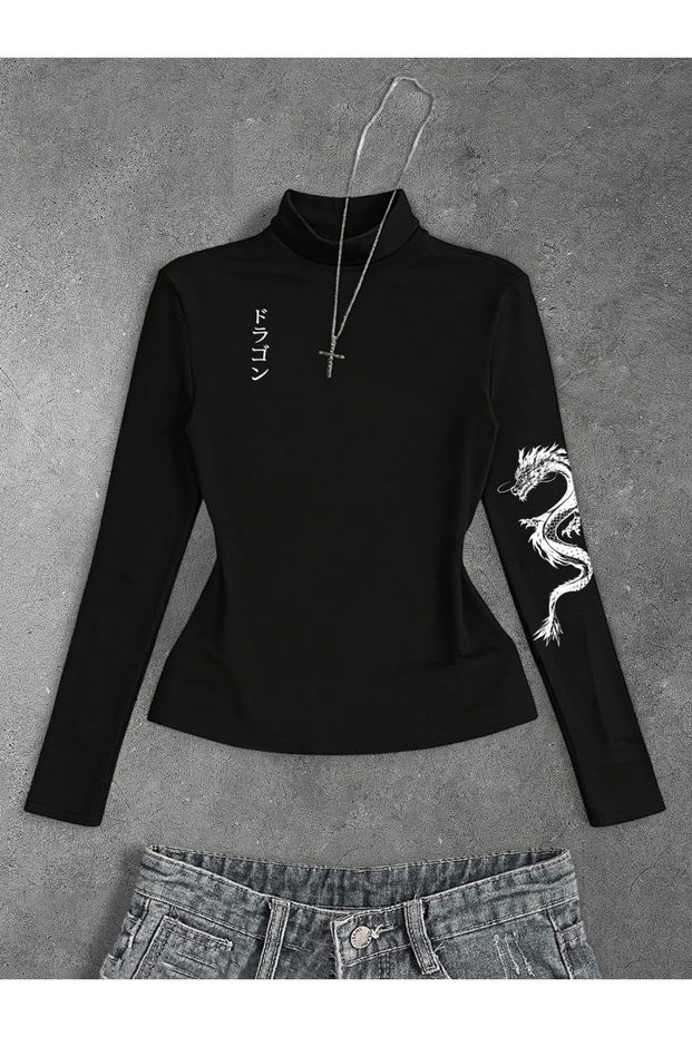 Long Sleeve Japan Far East Graphic Printed Turtleneck Blouse Body