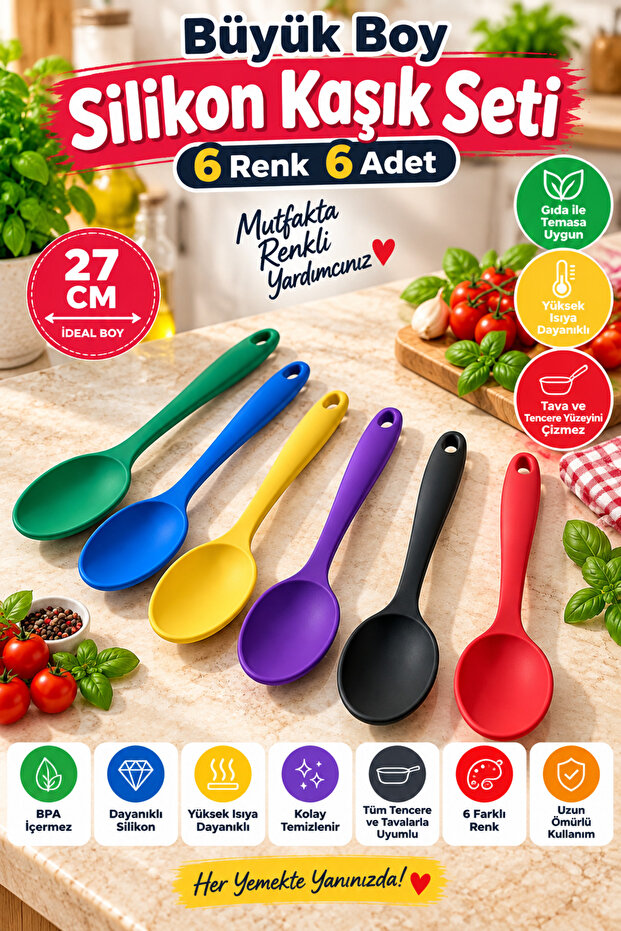 Set of 6 Green Blue Yellow Purple Black Red, Large Size Silicone Spoon Set 27 Cm, Kitchen Serving Spoon