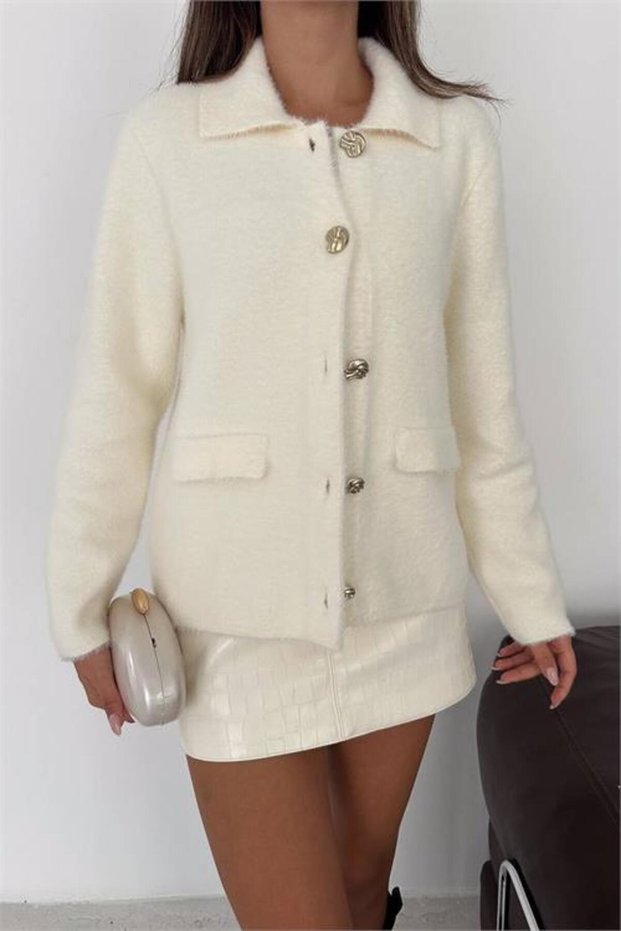 Women's Ecru Gold Buttoned Plush Textured Short Jacket Nbk9500
