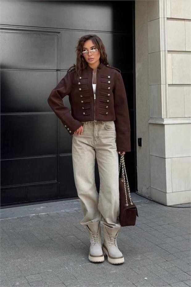 Women's Brown Zr Model Silver Buttoned Cashmere Fabric Jacket Nbemp3125