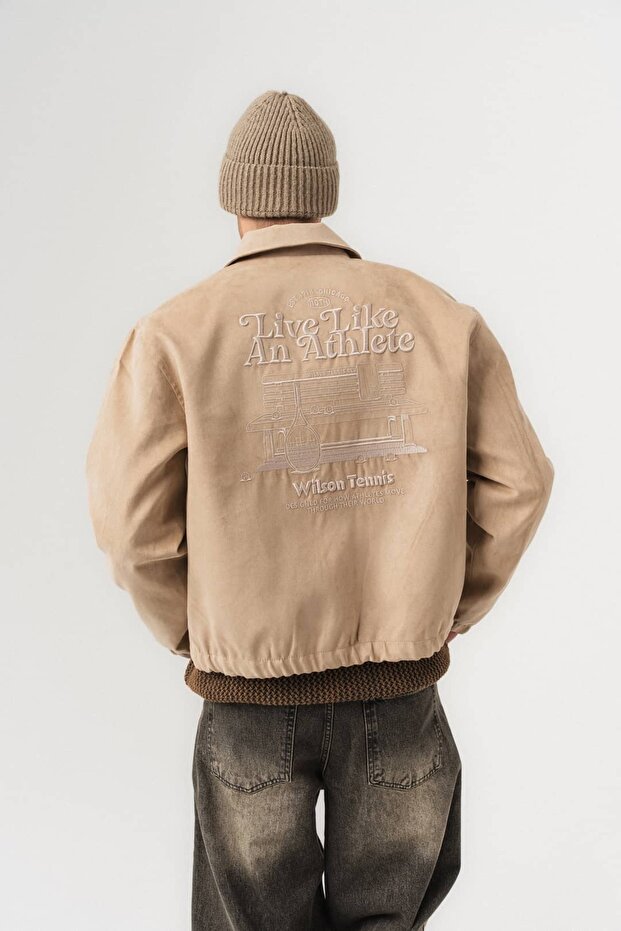 Athlete Suede Men's Jacket with Embroidered Back Detail and Snap Closure