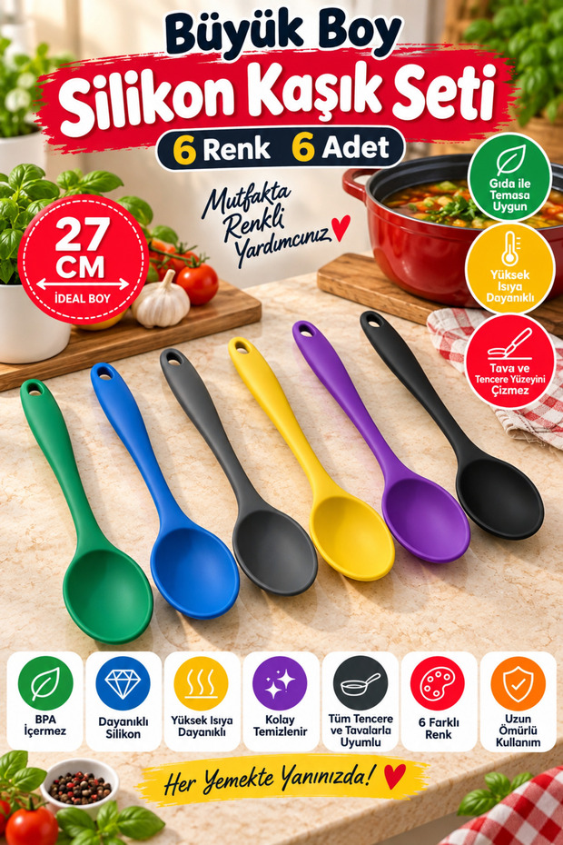 Set of 6 Green Blue Anthracite Yellow Purple Black, Large Size Silicone Spoon Set 27 cm Kitchen Serving Spoon