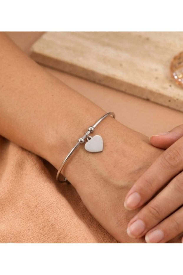Silver Heart Charm Adjustable Cuff Bracelet - Heart Figured Ball Detailed Cuff Bracelet – Silver Color Tarnish-Free Steel Minimalist Adjustable Women's Jewelry